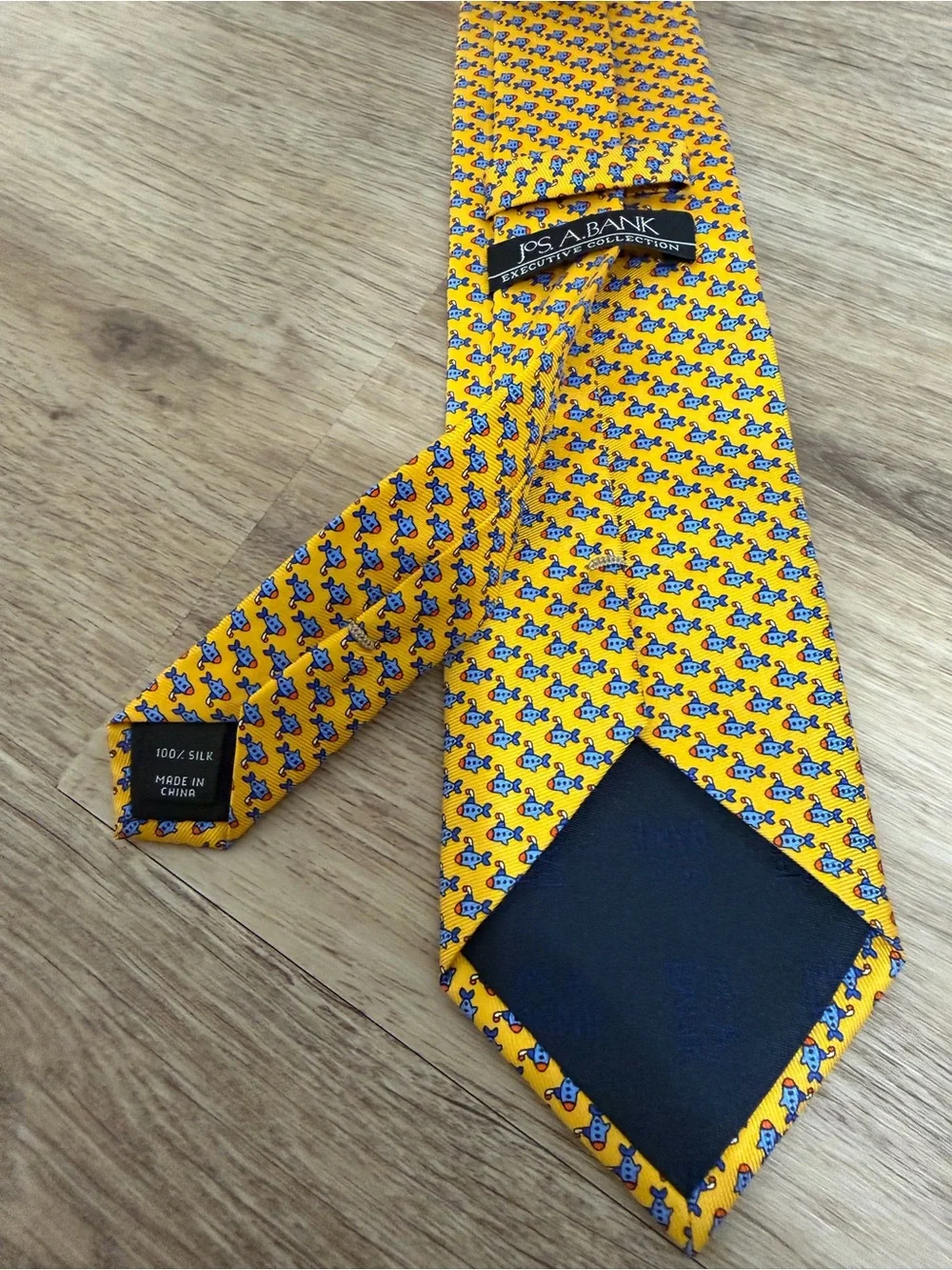 Jos. A. Bank Yellow Tie with Small Blue Fish Pattern